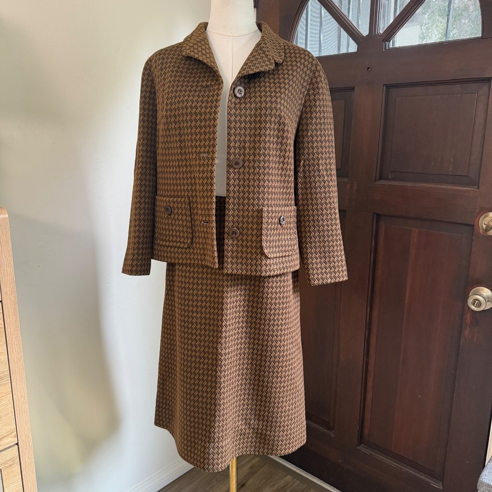 Hanro - Bullocks Houndstooth Skirt Suit 60s Rare | Brown | Vintage 12 Small